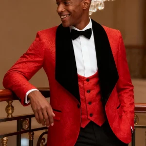 Men's three-piece floral jacquard slim-fitting suit set, including paisley pattern suit jacket, vest, and pants, suitable for ba