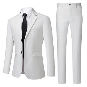 Men's White High-End Suit Two-Piece Suit Four Seasons Business Formal Wear Anti-Wrinkle Non-Stick Wool Suit Workplace Work Cloth
