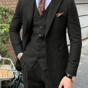 Elegant 3pcs Men's Tweed Suits Wool Blend Herringbone Western Vintage Wedding Formal Events (Jacket+Vest+Pants)