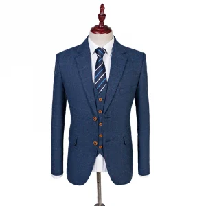 Blue Tweed Suit Men Vintage Winter Formal Wool Wedding Suits For Men 3 Pieces Herringbone Blazer For Men