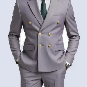Double Breasted Light Gray Suit Men Wedding Prom Party Business Groom Tuxedo Wedding Suit (Blazer+Pant)